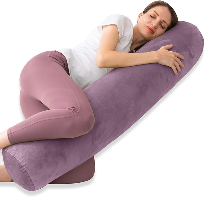1 MIDDLE ONE Bolster Pillow for Bed, Long Round Body Pillow for Adults with Removable Velvet Cover, Decorative Tube Roll Cylinder Pillow, 47 x 7.87 Inch, Purple