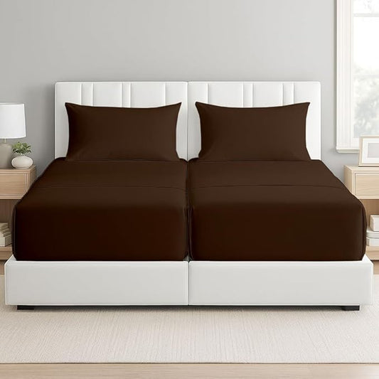 5 Piece Split Cal King Sheet Set, 100% Egyptian Cotton, 16 Inch Deep Pockets, Chocolate Solid, Soft Cooling Sheets for Adjustable Beds, Sleep Number Beds, Split Cal King Mattress Sheet Set