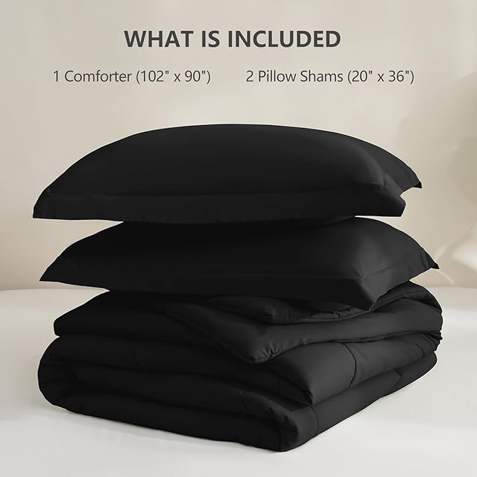 CozyLux King Size Comforter Set - 270GSM Black Bedding Sets for All Seasons, 3 Pieces Box Stitched Bed Set with 1 Down Alternative Comforter and 2 Pillow Shams, Soft, Lightweight, Durable