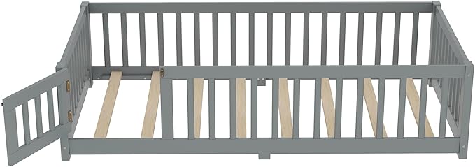 Bellemave Twin Floor Bed with Slats and Safety Guardrails, Kids Montessori Floor Beds with Fence and Door, Easy Assemble Floor Bed for Kids, Girls, Boys, Gray