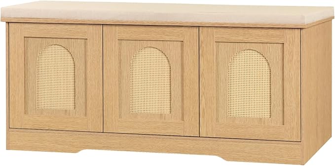 DINZI LVJ Shoe Bench, Entryway Storage Bench with Doors, Cushion, 2-Tier Shoe Rack with 6-Cubby, 39.4”L x 13.8”W Shoe Organizer Cabinet, Adjustable Shelf, Living Room, Bedroom, Natural with Rattan