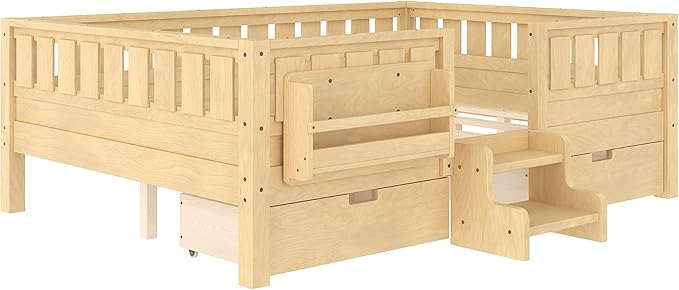 Bellemave Full Size Bed Frame with Storage Drawers & Bookshelf, Low Profile Kids Bed with Staircase & Full Length Guardrails, Solid Wood Full Size Bed Frame Kids with Slats Load 450 LBS, Natural