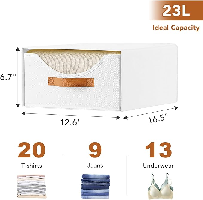4 Pcs 16.5" Closet Drawers and Large Size Clothes Storage Bins Push-Out Storage Stackable Shelf Drawers with See-Through Window Closet Organizers for Bedroom, Living Room, Under Bed, White