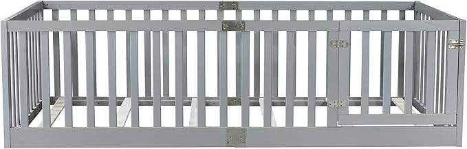 Bellemave Twin Size Montessori Floor Bed with 21.5" High Rails, Rubber Wood Twin Floor Bed with Slats and Door, Gray