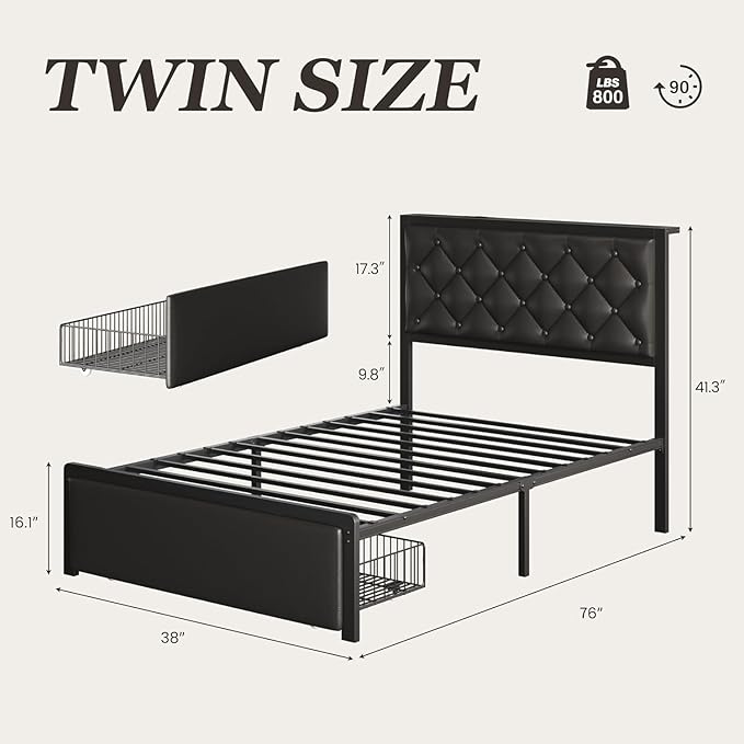 Fluest Twin Bed Frame with Storage Drawer, Upholstered Headboard Button Tufted Bed Frame with Charging Station, No Box Spring Needed, Noise-Free, All Metal Structure, Black