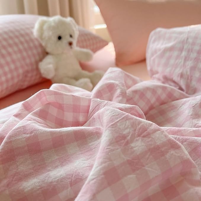 Nayoroom Gingham Duvet Cover King Size Pink White Plaid Checkered Comforter Cover 3 Pcs Soft Breathable Washed Microfiber Grid Farmhouse Bedding Set with Pillow Shams
