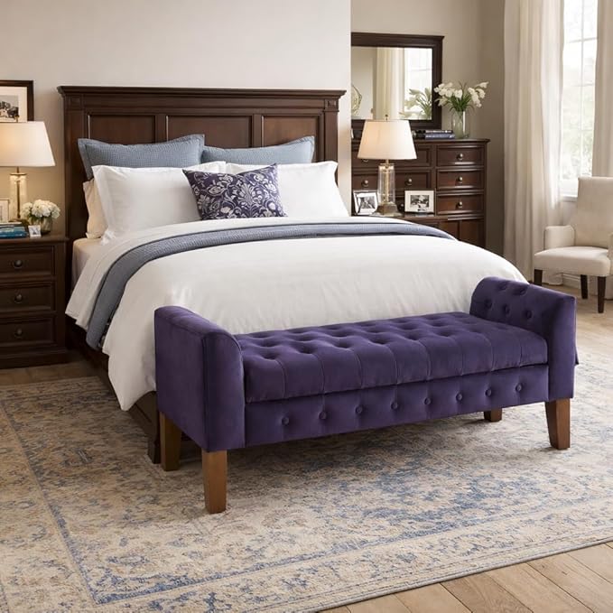 HomePop Velvet Tufted Storage Bench Settee with Hinged Lid, Purple 50" x 18" x 23"