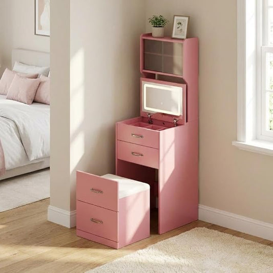Garvee 3 in 1 Vanity Desk with 3 Color LED, Compact Makeup Vanity Set with 2 AC Outlets & USB, Dressing Table with Drawers & Acrylic Doors, Nightstand Vanity Mirror, Jewelry Box, Hidden Chair, Pink