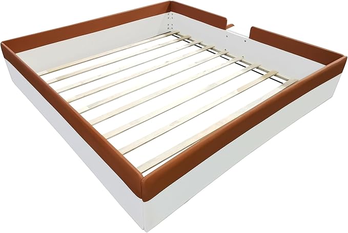 Merax King Size Kids Floor Bed, Daybed Frame with Fence and Stairs, Upholstered Wood Bed for Living Room, White+Brown