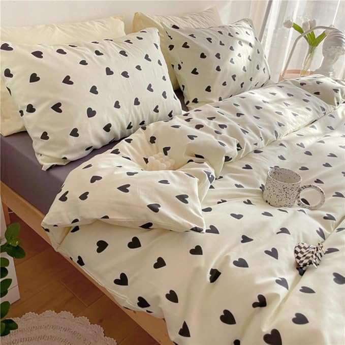 Nayoroom Black and White Heart Duvet Cover Full Size Black Hearts Printed on White Bedding Set 3 Pcs Cute Kawaii Soft Breathable Microfiber Comforter Cover Valentine Gifts for Kids Girls