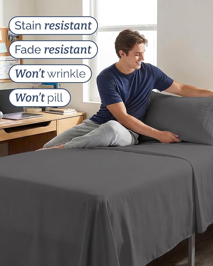 Twin XL 4 Piece Sheet Set - Comfy Breathable & Cooling - Hotel Luxury Bedding for Women, Men, Kids, Teens & Children - 1 Flat & 1 Fitted Sheet & 2 Pillowcases w/ Deep Pockets, Wrinkle Free - Dark Grey