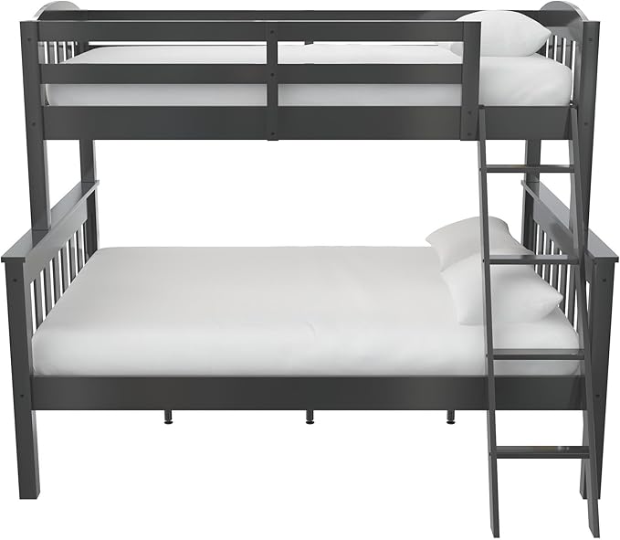 DHP Airlie Convertible Wood Bunk Bed Twin Over Full Size, Stackable and Detachable Bed Frames for Kids, Teens, Angled Ladder, High Guardrail, Wood Slats, No Boxspring Required, Grey