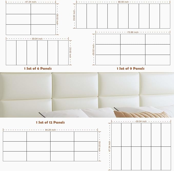 IFNOW Wall Mounted Upholstered Headboard Full, 3D Peel and Stick Soundproof Wall Panels, Reusable and Removable Padded Headboard Leather Bed, 6 Panels 9.84" x 23.62", Beige