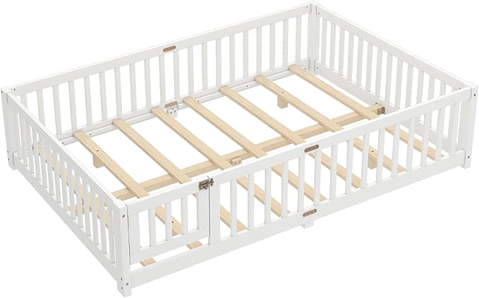 Bellemave Queen Floor Bed Frame with Rails and Door, Solid Wood Montessori Queen Size Floor Bed for Kids, Low Profile Montessori Beds with Removable Slats, White