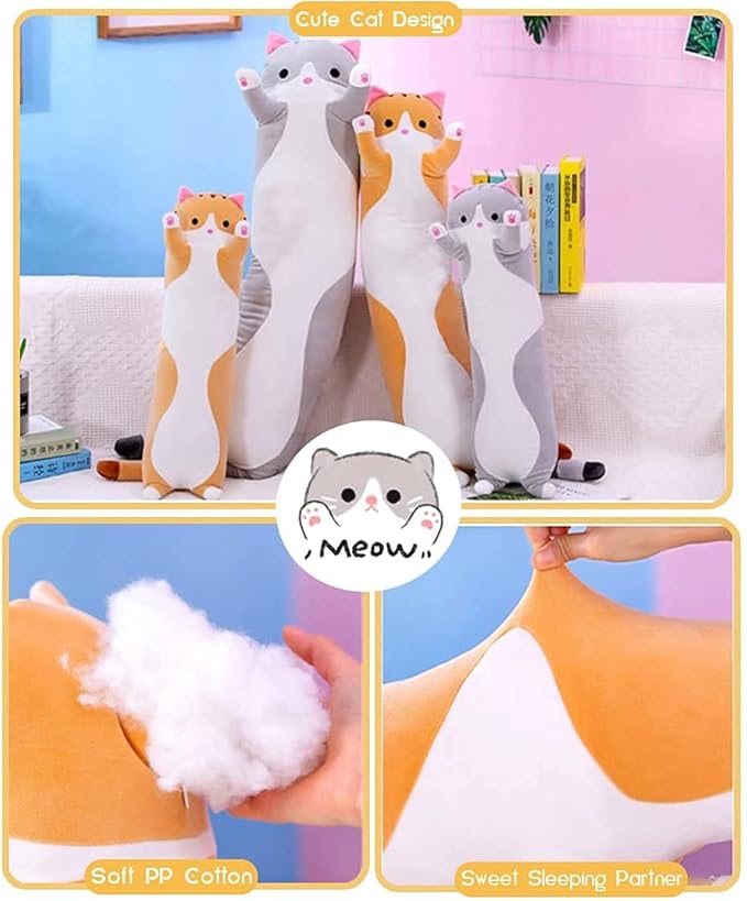 Oeonuas Cute Cat Plush Long Body Pillow Cuddle Cartoon Stuffed Animals Cat Plushie Soft Doll Pillows Gifts for Kids Girls (Gray, 43")