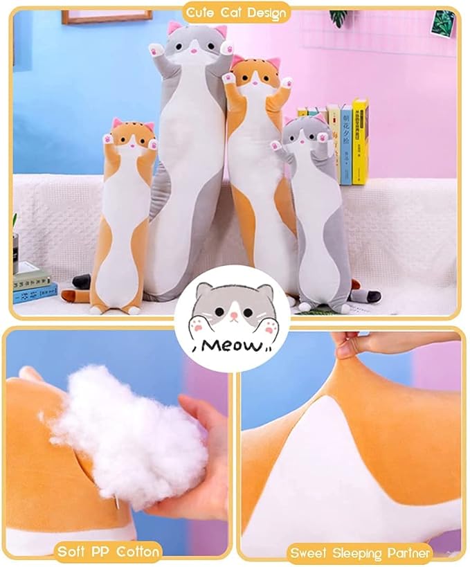 Oeonuas Cute Cat Plush Long Body Pillow Cuddle Cartoon Stuffed Animals Cat Plushie Soft Doll Pillows Gifts for Kids Girls (Orange, 27")