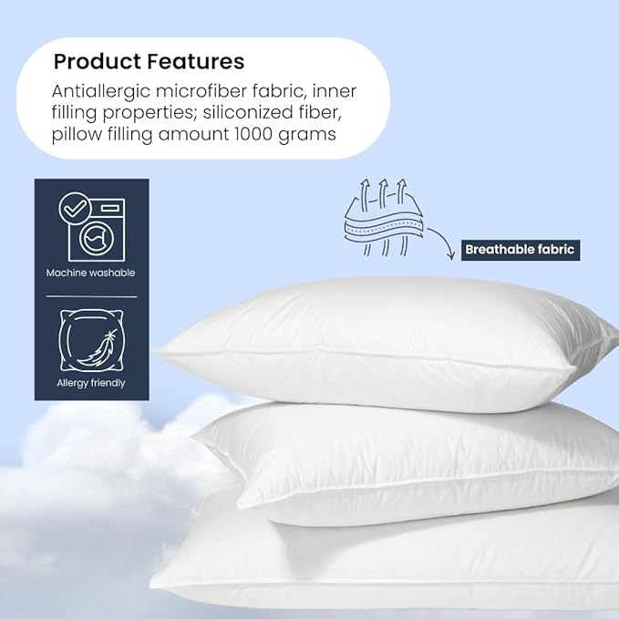 1000gr Queen Size Pillow Set of 2 - Antiallergenic Microfiber Fabric - Soft and Hard Siliconized Fiber Filling for Comfortable Sleep (24x28 inches)