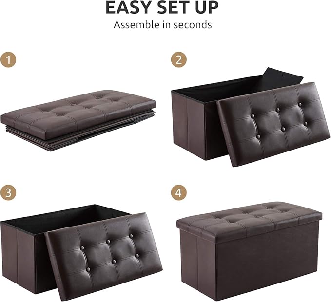 YOUDENOVA Folding Storage Ottoman, Faux Leather Ottoman Bench Footrest Ottoman, Storage Chest Padded Seat for Bedroom and Living Room, Brown, 15" D x 30" W x 15" H