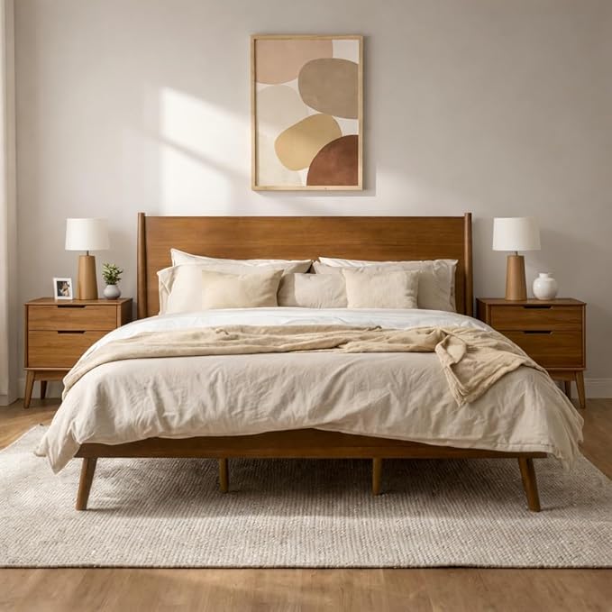 Merax King Size Solid Wood Platform Bed, Mid-Century Modern Bed Frame with Splayed Legs, 600 lbs Weight Capacity, No Box Spring Needed, Brown