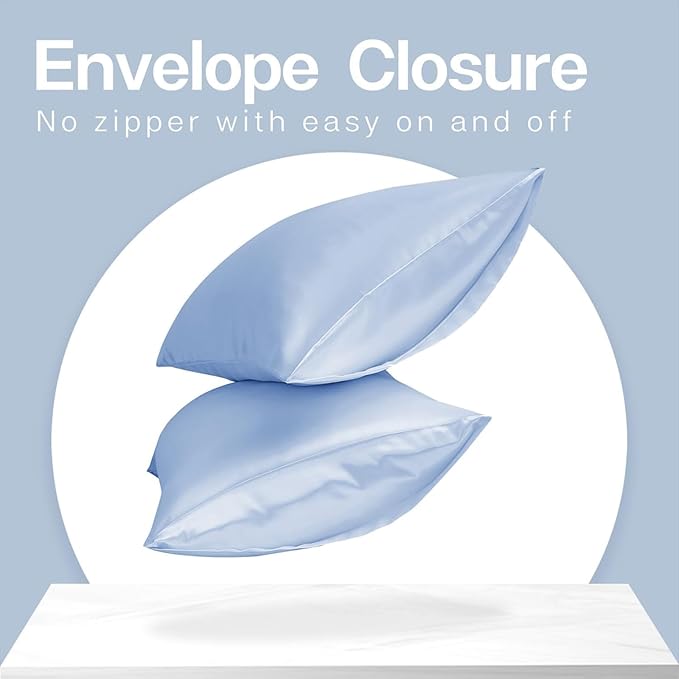 MR&HM Satin Pillowcase for Hair and Skin, Silk Satin Pillowcase 2 Pack, Queen Size Pillow Cases Set of 2, Silky Pillow Cover with Envelope Closure (20x30, Light Blue)