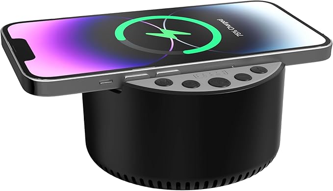 Sound Machine with Wireless Charger & Bluetooth Speaker – White Noise Sleep Aid with Memory Function, 6 Soothing Sounds, 3 Timer Modes – Compact Bedside Relaxation Device, Black