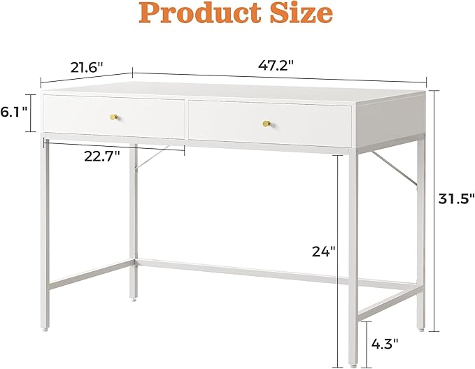 SUPERJARE Vanity Desk with Drawers, 47 inch Computer Desk, Modern Simple Home Office Desks, Makeup Dressing Table for Bedroom - White, 7997W