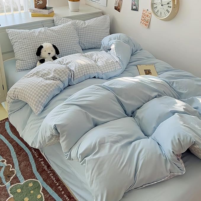 Nayoroom Gingham Duvet Cover King Size Reversible Blue Plaid Checkered Duvet Cover 3 Pieces Soft Breathable Washed Microfiber Girls Dorm Bedding Set for All Seasons