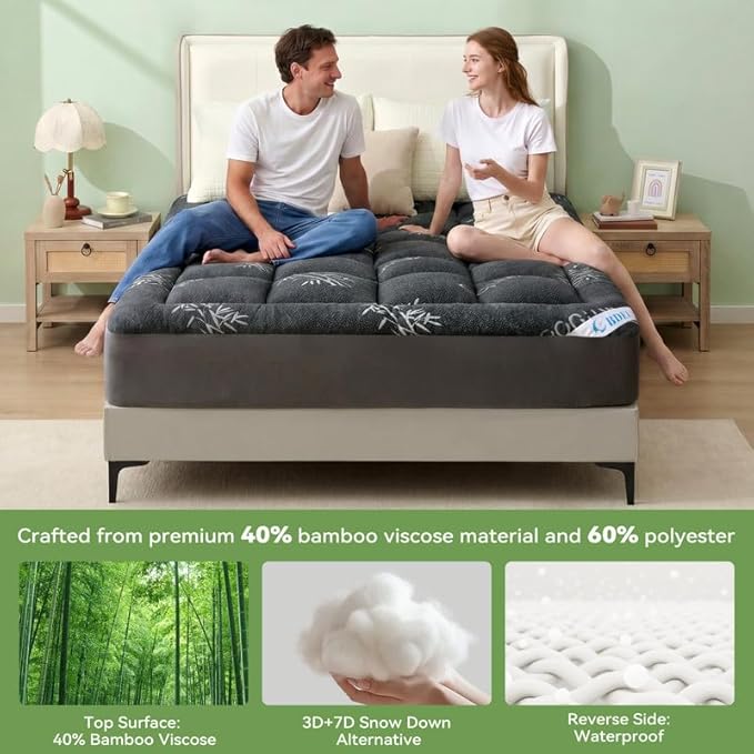 BDEUS King Mattress Topper Viscose Derived from Bamboo, 100% Waterproof Thick Pillow Top Mattress Pad for Back Pain Relief, Naturally Cooling for Hot Sleepers, Grey