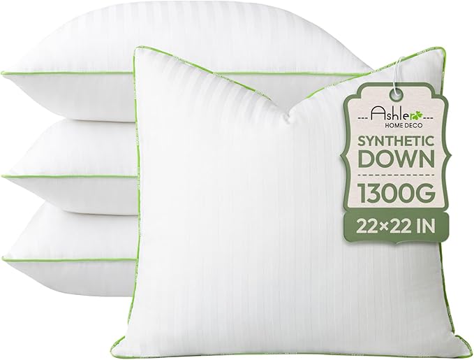 Ashler Home Deco Synthetic Down Pillow Inserts, 22x22 Down Alternative Throw Pillows Insert Sleeping Pillows with 100% Cotton Cover Decorative Pillow Stuffer for Sofa, Couch Bed(Set of 4, White)