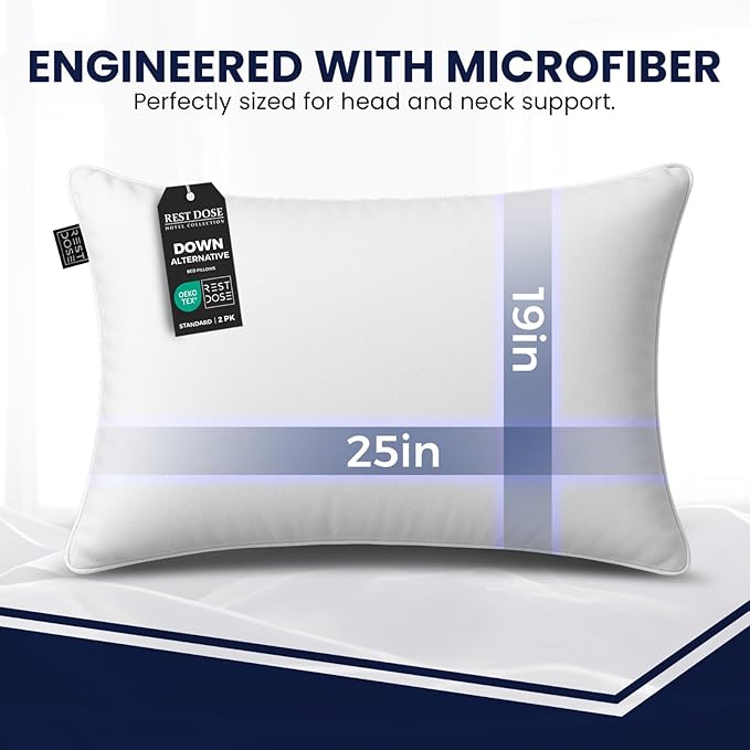 Bed Pillows for Sleeping, Set of 2 – Cooling, Hotel Quality with Soft Down Alternative Fill for Back, Stomach & Side Sleepers | White Microfiber Standard
