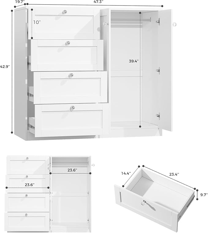 VOWNER Armoire Wardrobe Closet with 4 Drawers and 2 Doors, 43''H Clothing Storage Cabinet Dresser with Hanging Rod, Cothes Wardrobe for Bedroom, Baby Closet, White