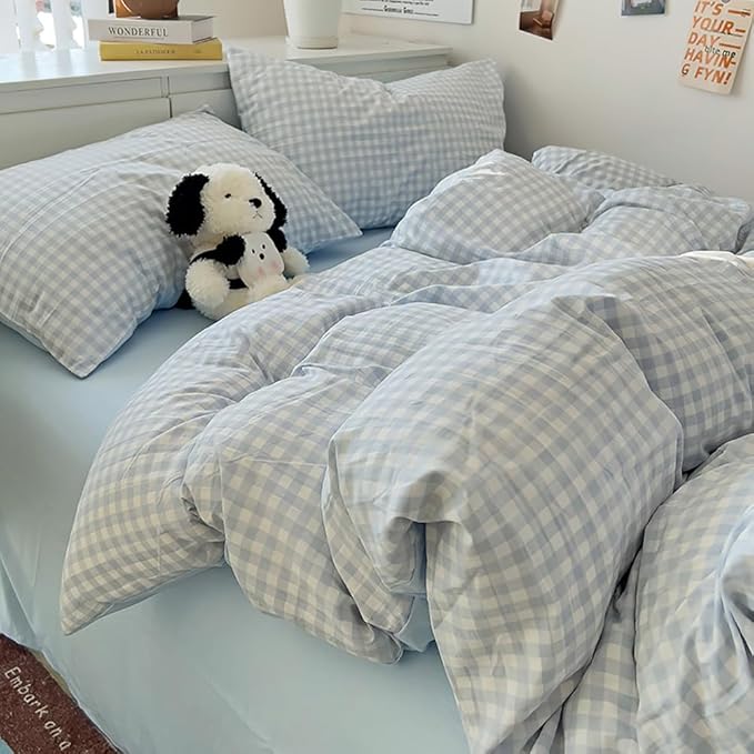 Nayoroom Gingham Duvet Cover King Size Reversible Blue Plaid Checkered Duvet Cover 3 Pieces Soft Breathable Washed Microfiber Girls Dorm Bedding Set for All Seasons