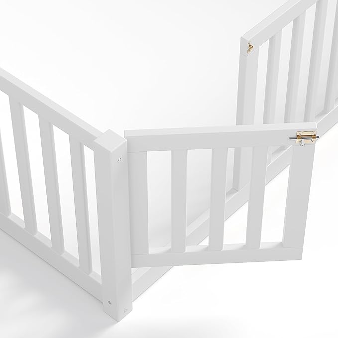 Bellemave Queen Size Montessori Floor Bed with 23.5" High Rails, Pine,Plywood Floor Bed with Small Door, White