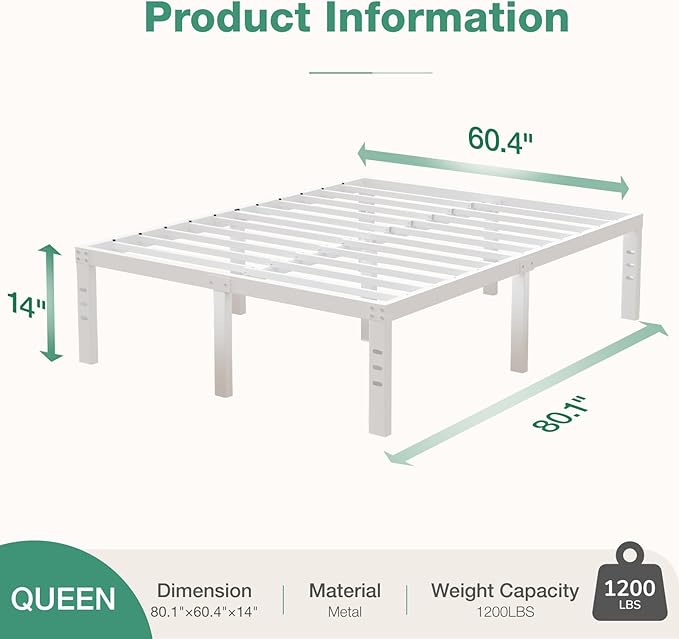 Novilla Queen Size Bed Frame, 14 Inch Metal Platform Bed Frame Queen Size with Storage Space Under Bed, Heavy Duty Steel Slat Support, Easy Assembly, No Box Spring Needed, White