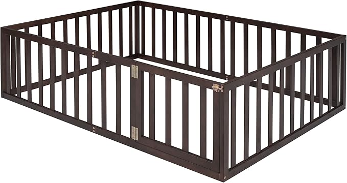 Bellemave Full Size Montessori Floor Bed with 21.7" High Rails, Pine,Plywood Floor Bed with Small Door, Walnut