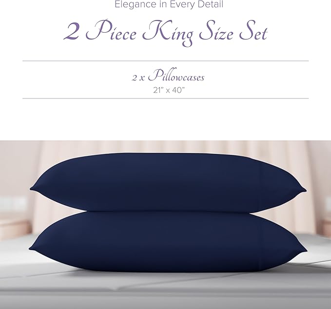 Carressa Linen 100% Egyptian Cotton King Size Pillow Cases Set of 2 - Luxury 600 Series Hydrangeas Collection King Pillowcases (Navy Blue), Soft Cooling, Sateen Weave Hotel Quality Bed Pillow Cover