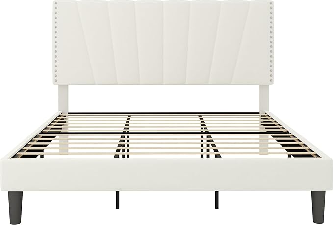 Allewie King Size Bed Frame with Adjustable Velvet Upholstered Headboard, Rivet-Style Nailhead Trim Detail Platform Bed Frame, Wooden Slat Support, No Box Spring Needed, Easy Assembly, White