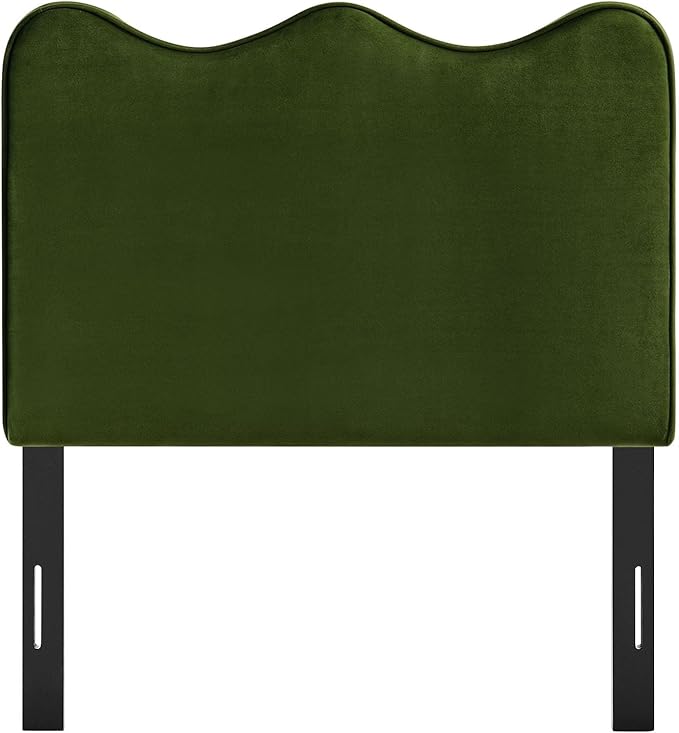 Monday Athena Twin Size Performance Velvet Adjustable Headboard in Moss Green - with Scalloped Wave Design and Stain-Resistant Velvet Upholstery