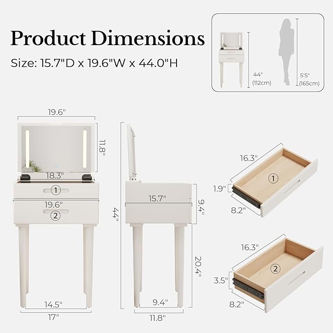 Muwuele Solid Wood Small Vanity Desk with Mirror and Lights, Narrow Makeup Vanity for Small Space, Flip Top Vanity Side Table, 3 Color Modes & Adjustable Brightness, 19.6" Slim Dressing Table, White