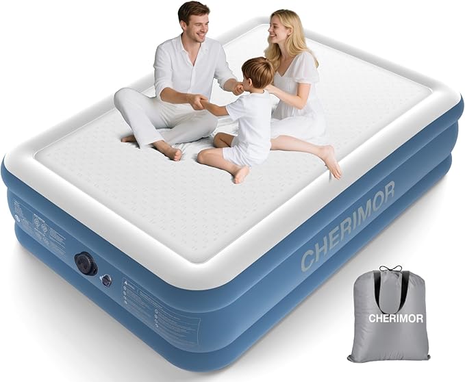 CHERIMOR Queen Air Mattress with Built-in Rechargeable Pump, 1500 lbs Heavy-Duty Support, 16" Raised Upgraded Firmness Blow Up Mattress, Fast 3-Min Inflation, Inflatable Bed for Home, Guests & Camping