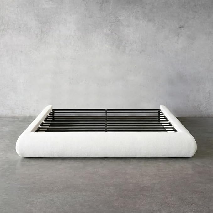 Round Bed – Washable Zip Cover - Upholstered Linen Soft Foam - Modular Minimalist Modern - Half Circle Moon - Sold Sold Separately (Cream Linen Premium, Queen Base)