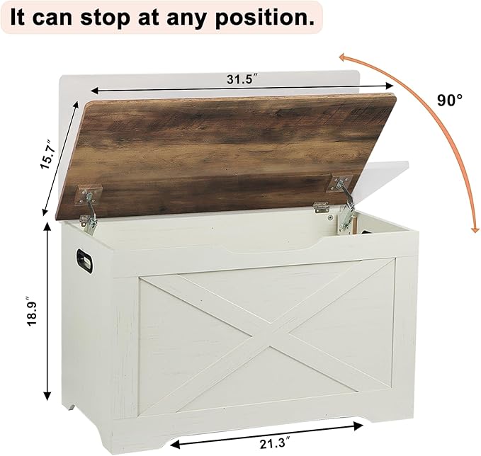 Timberer Storage Chest, Wooden Storage Bench, Entryway Shoes Bench with 2 Safety Hinges, for Living Room, Bedroom, 15.7 x 31.5 x 18.9 Inches, Brown and Rustic White