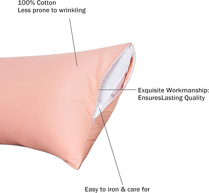 100% Cotton Body Pillow Case Cover with Zipper Wrinkle-Free, 400 Thread Count Super Soft Pillow Case for Body Pillow, Breathable Long Pillow Protector 21" x 54" Pink