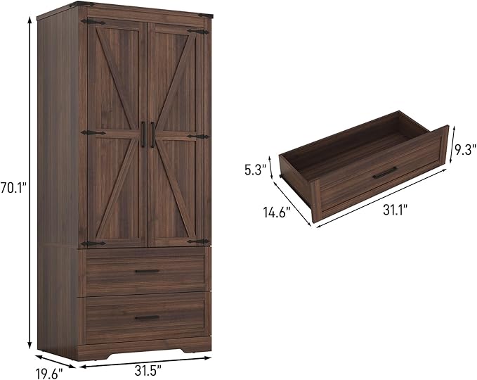 Hlivelood 2 Doors Wardrobe Armoire Closet with Doors and Drawers, Farmhouse Wooden Armoire Storage Cabinet with Shelves & Hanging Rod for Bedroom, Brown