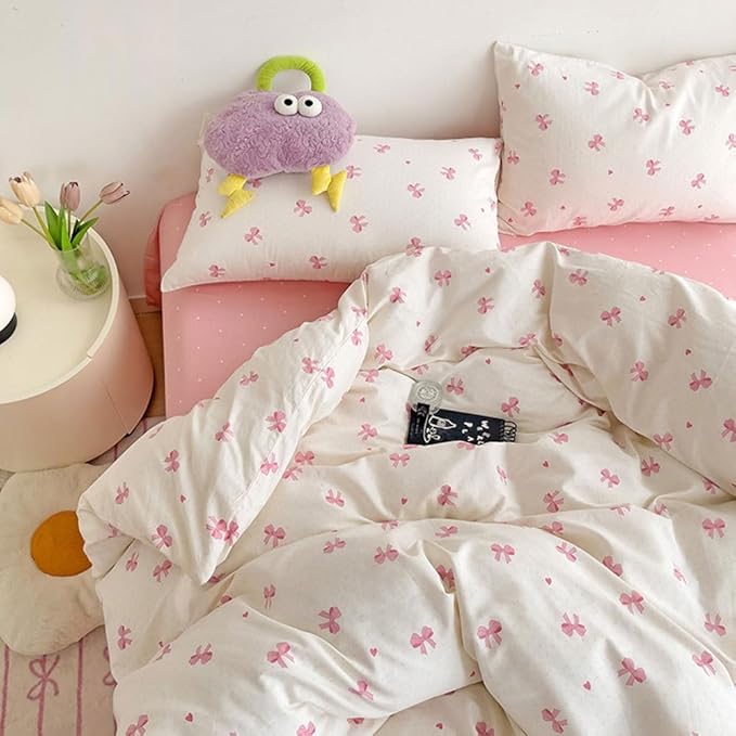 Nayoroom Pink Bow Duvet Cover Queen Size Heart Bows Printed Coquette Bedding Set 3 Pcs Kids Girls Cute Comforter Cover with Zipper Closure Soft Breathable Microfiber