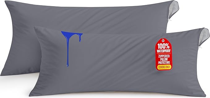 Utopia Bedding Premium 100% Waterproof Pillow Protectors with Zipper Body Size (Set of 2), Bed Bug and Dust Mite Proof Zippered Pillow Covers, Pillow Encasement Cases, Gray