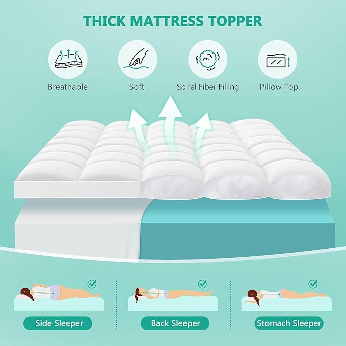 Full Mattress Topper - Extra Thick Mattress Pad Cover - Pillow Top with Soft Breathable Spiral Fiber Filling, 8-21 Inch Deep Pocket, Cooling, White