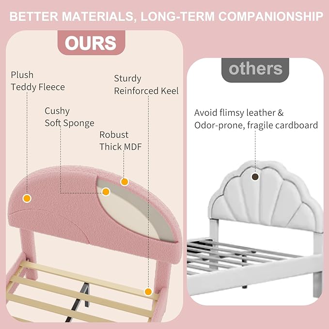 Garvee Twin Bed Frame with Round Boucle Headboard, Upholstered Arch-Shaped Design in Soft Pink, Modern Bed with Wooden Slats, No Box Spring Required and Easy Assembly