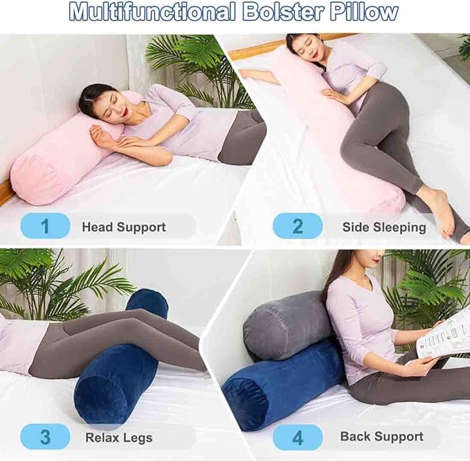 1 MIDDLE ONE Body Pillow for Adults, Bolster Pillow with Removable Velour Cover, Long Round Roll Cylinder Pillow for Bed, 47" x 7.87", Pink