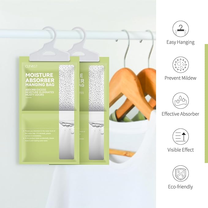 CLEVAST Moisture Absorbers Packets 10 Pack, Dehumidifier Bags for Closet, Scented Hanging Humidity Absorber in Wardrobes, Bedrooms, Bathrooms (Jasmine)